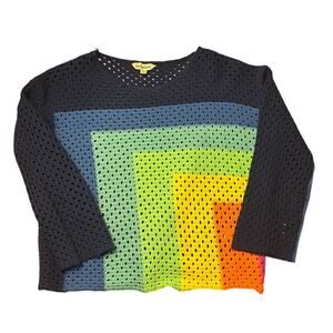 Davi & Dani Blue Rainbow Open Crochet Knit Sweater Size XL